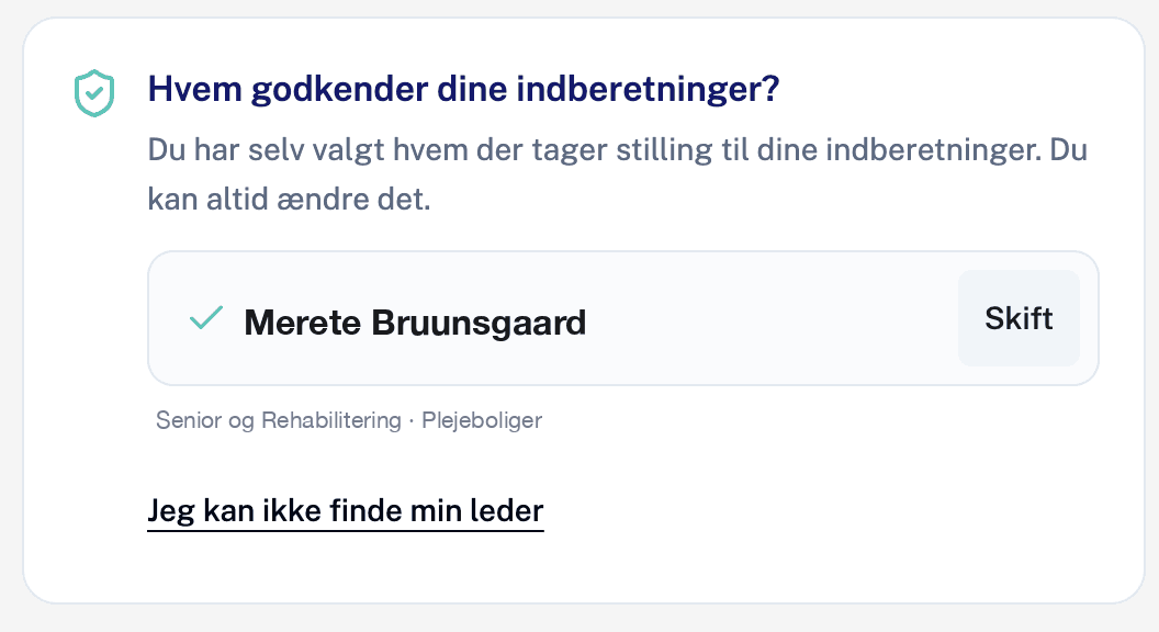 Kortet med den valgte leder og en knap der hedder Skift