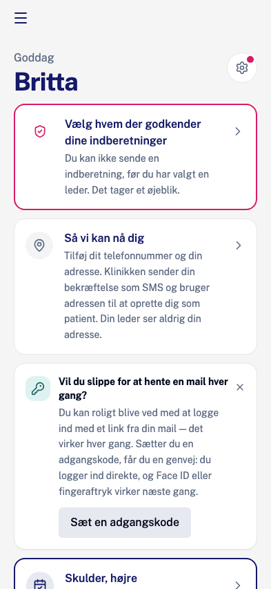 Appens forside med den store knap «Jeg har ondt»