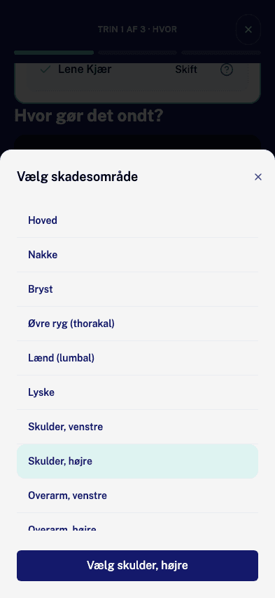 Listen over kropsområder, hvor «Skulder, højre» er valgt
