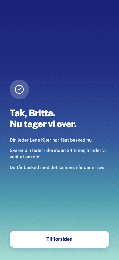 Kvitteringen der bekræfter at indberetningen er sendt til lederen