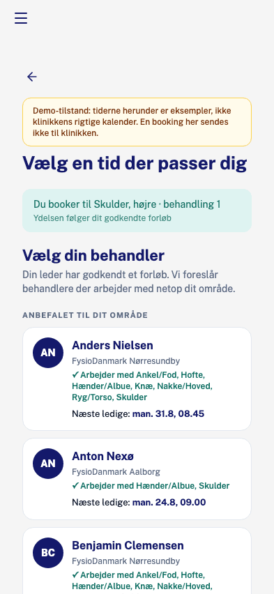 Bookingskærmen med de fysioterapeuter der dækker skulderen