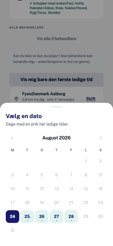 Kalenderen hvor man vælger dag for behandlingen