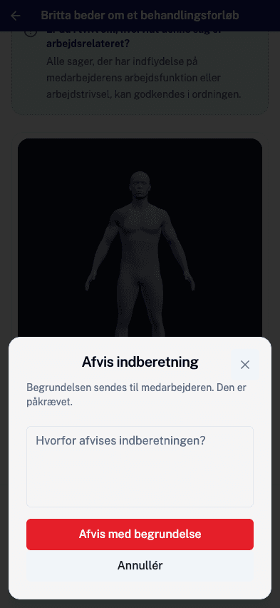 Vinduet hvor lederen skal skrive en begrundelse for at afvise