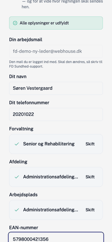 De samme felter, nu udfyldt, med EAN-nummeret nederst