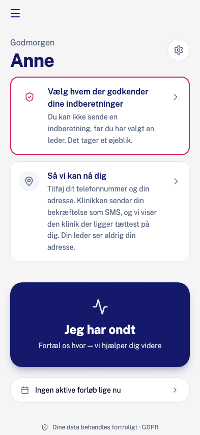 Forsiden første gang, med to opgaver der venter: vælg leder og kontaktoplysninger